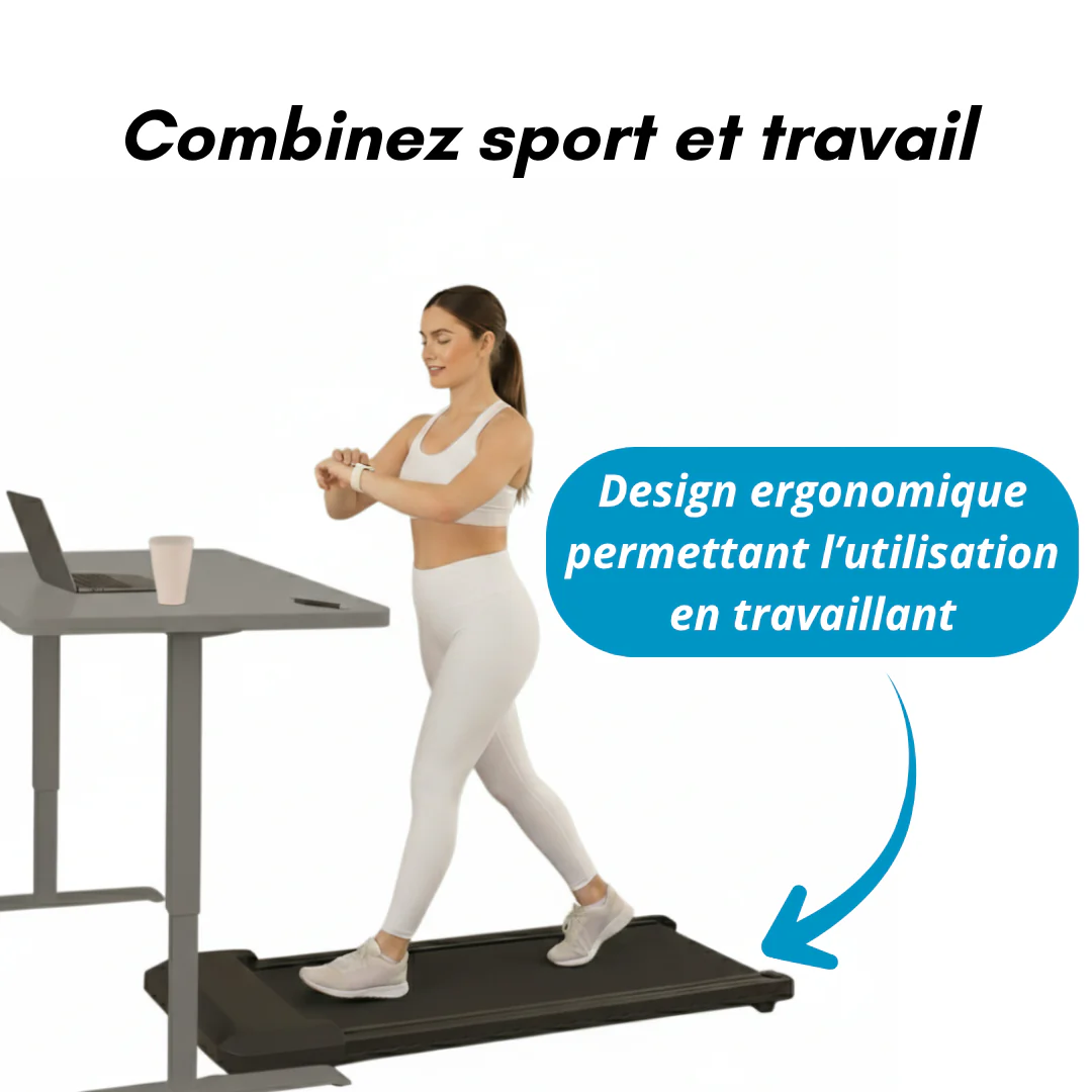 Femme utilisant le tapis de marche MOVAA en télétravail avec bureau debout
