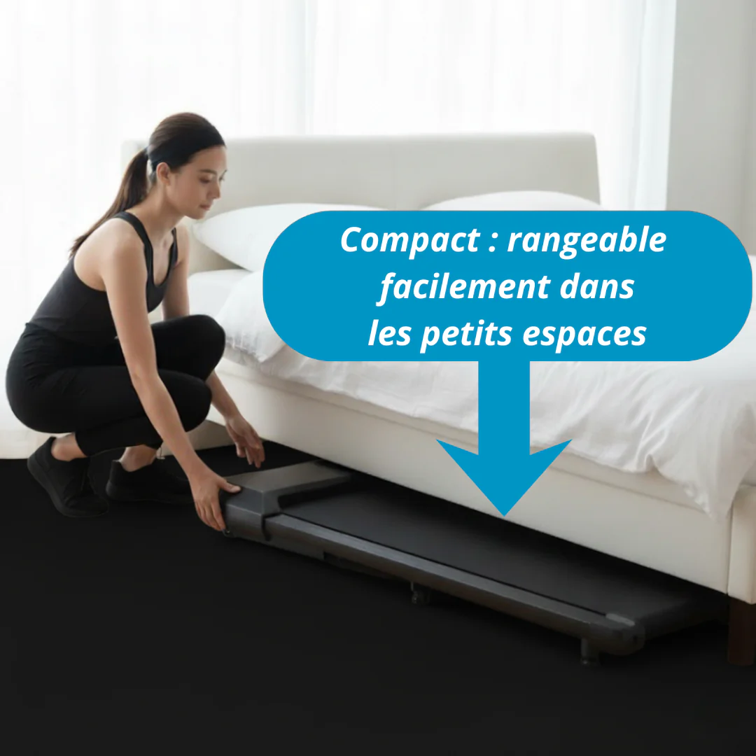 Tapis de marche compact MOVAA rangé sous un lit, illustration du gain de place
