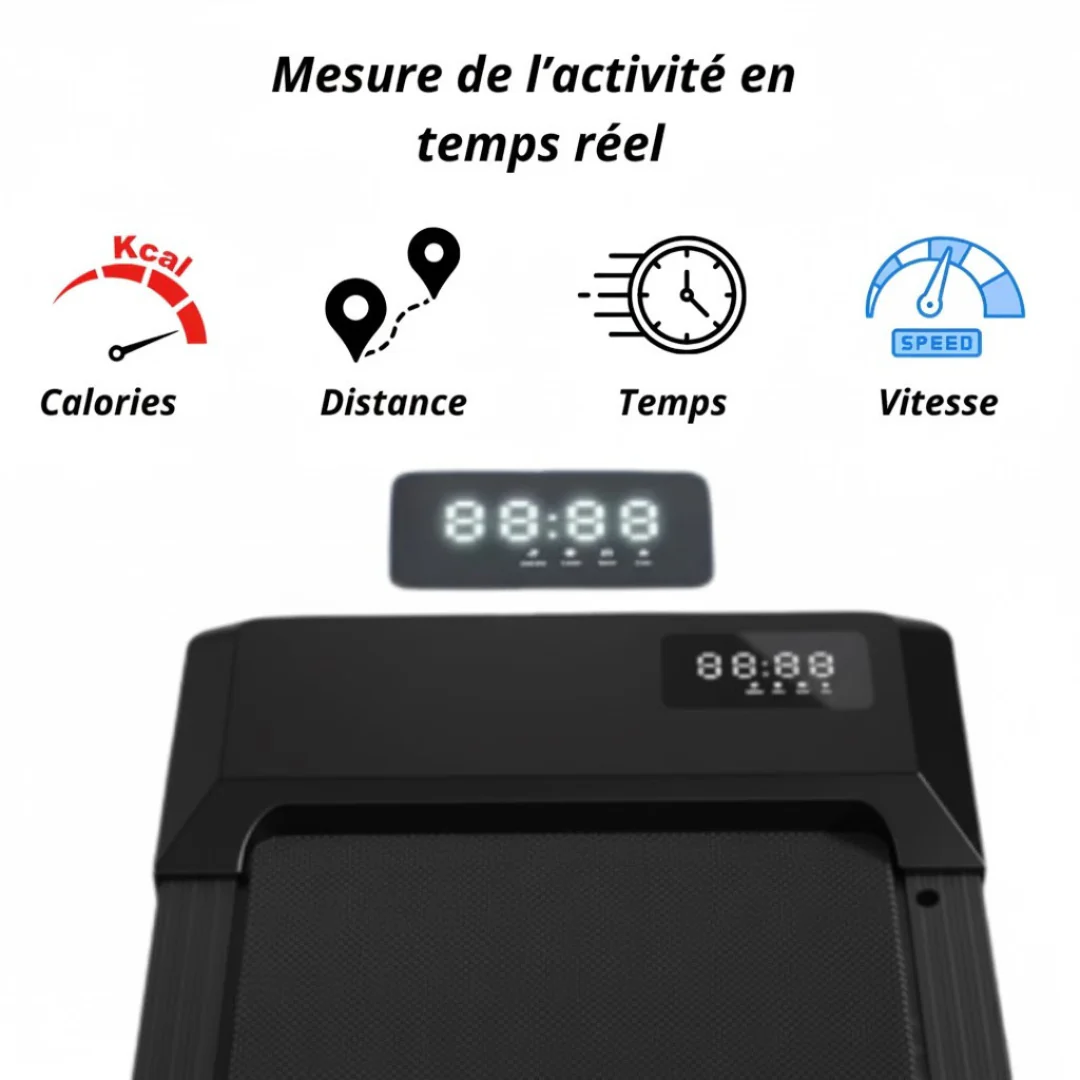 Écran du tapis de marche MOVAA affichant calories, distance, temps et vitesse

